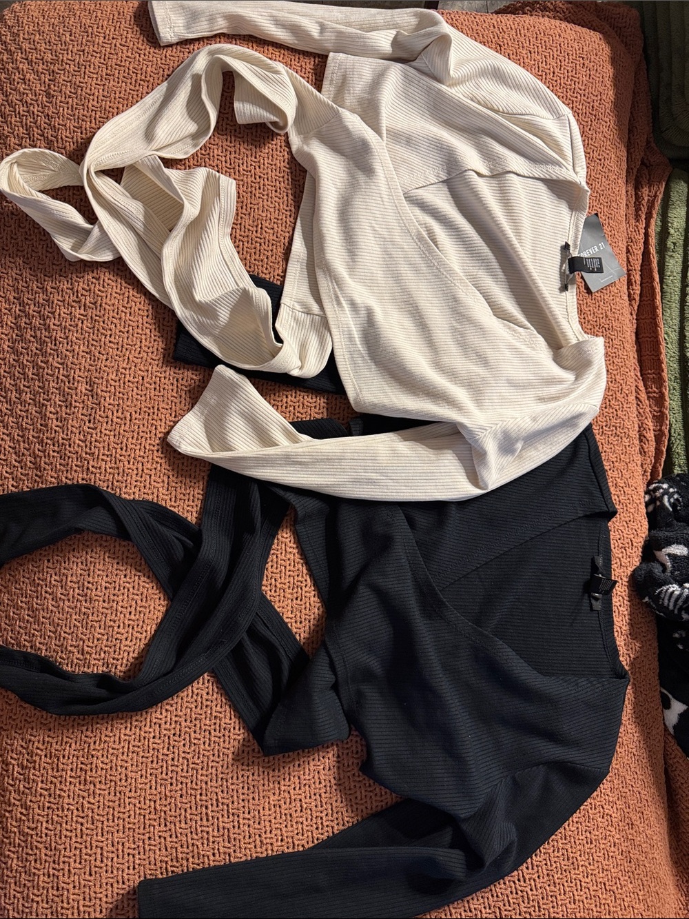 Forever 21 Ribbed Wrap Tops in Cream & Black